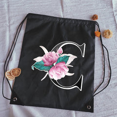 Alphabet Flower Print Drawstring Bag Women's Backpack