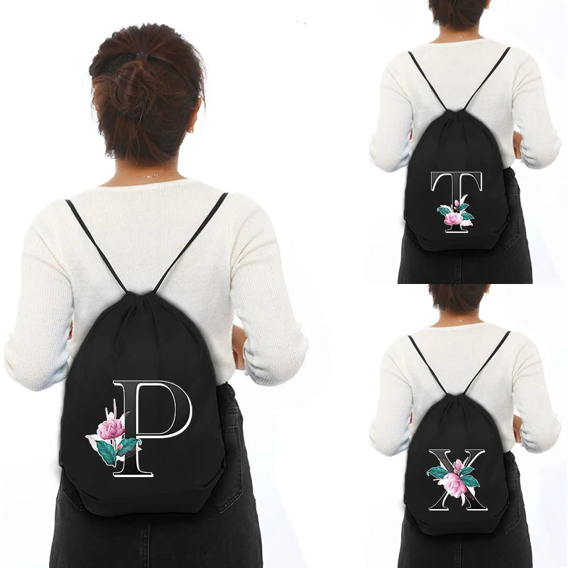 Alphabet Flower Print Drawstring Bag Women's Backpack