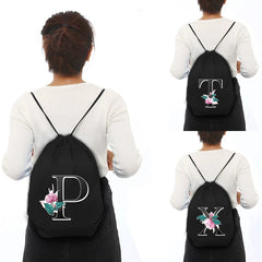 Alphabet Flower Print Drawstring Bag Women's Backpack
