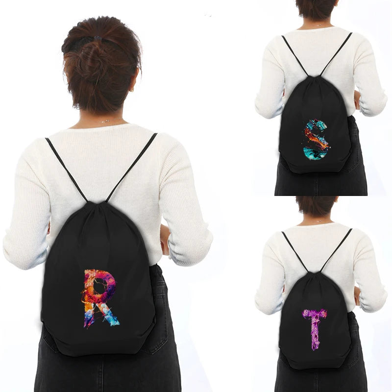 Personalized Letter Print Drawstring Bag for School and Sports