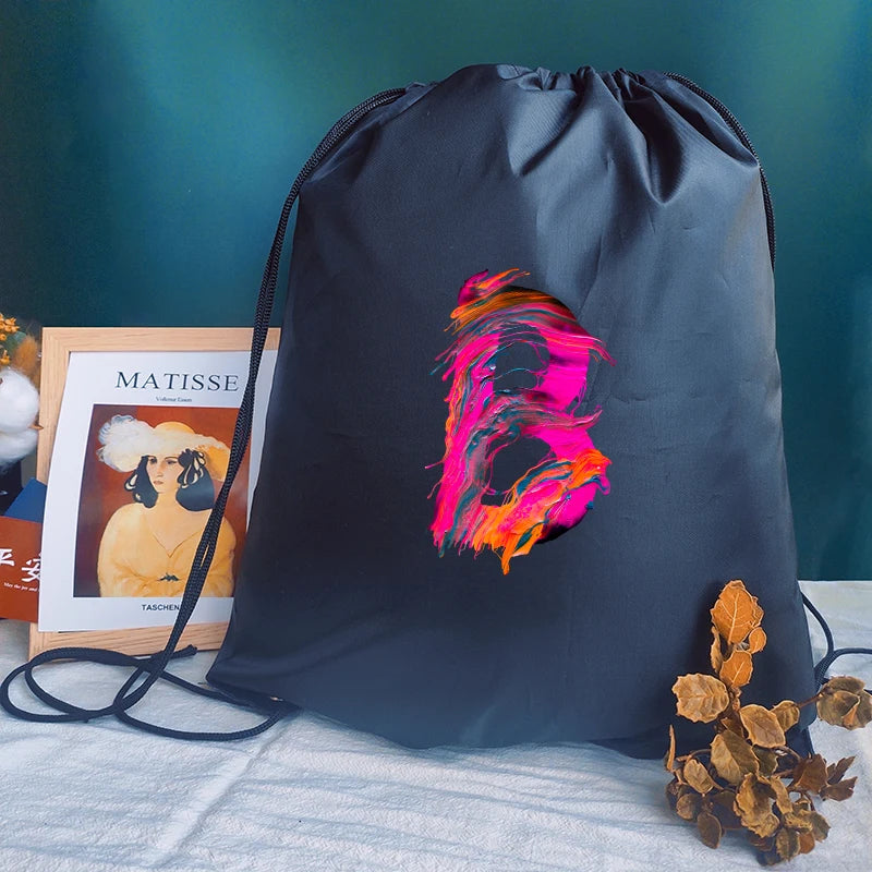 Personalized Letter Print Drawstring Bag for School and Sports