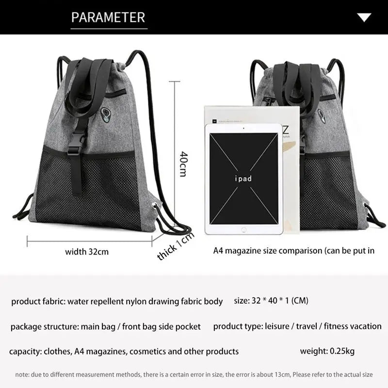 Drawstring Bag Gym With Pockets Sports Sack With Handle-Grey