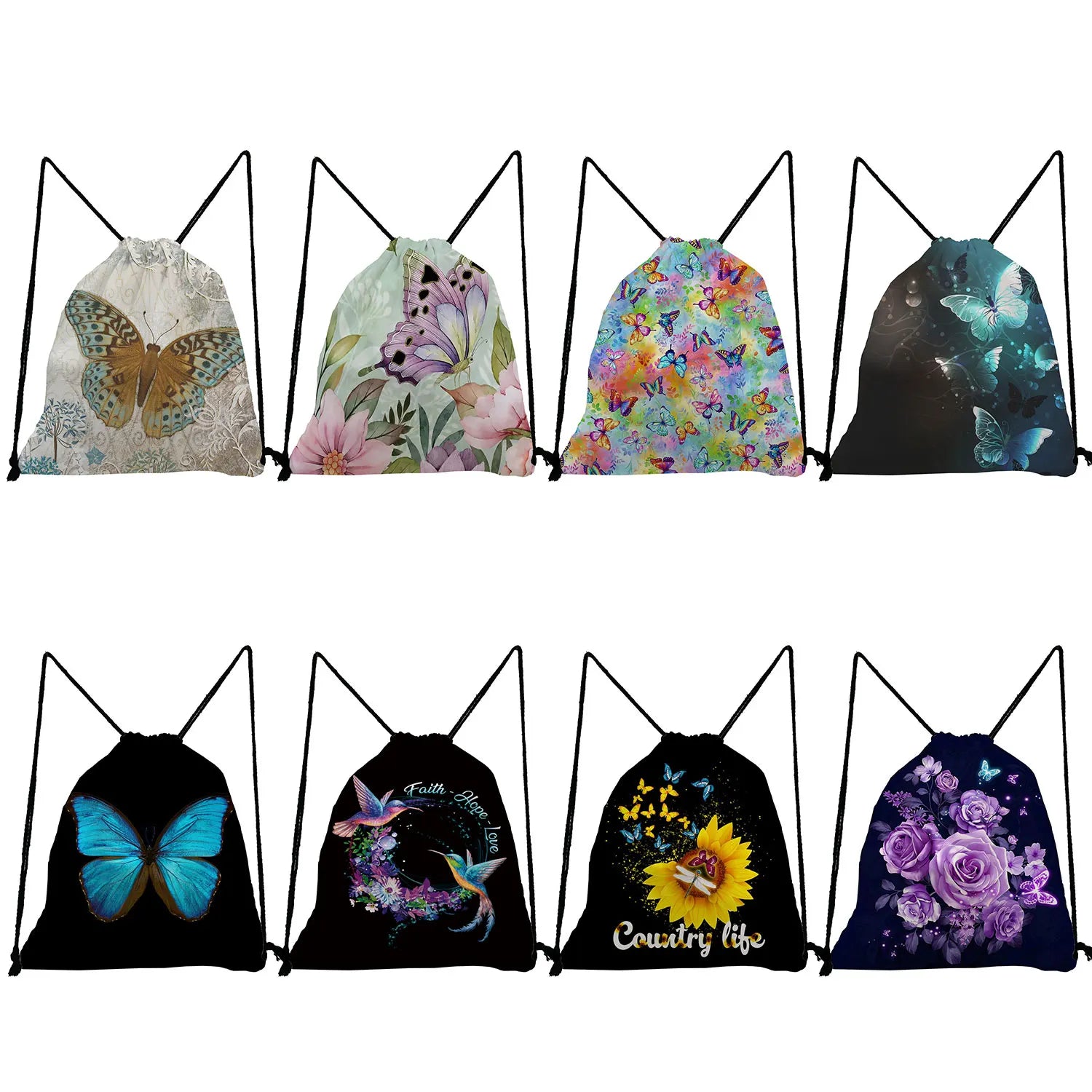 Drawstring Pocket Shoes Bags Women's Backpack Casual Butterfly Print Portable