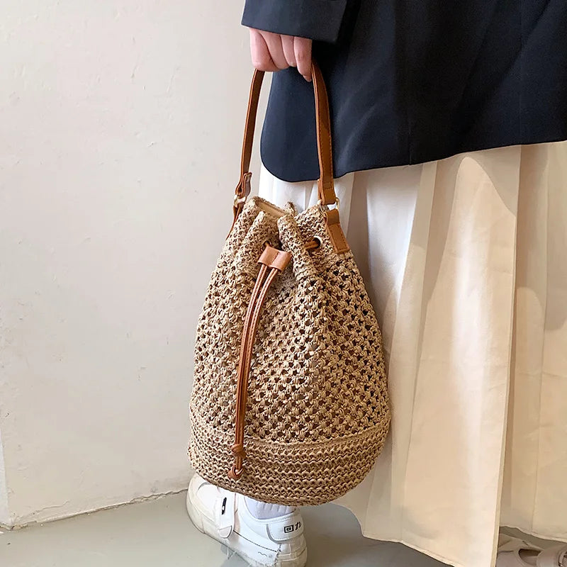 Drawstring Women's Straw Bucket Bag Shoulder Bags Purse Beach Handbag