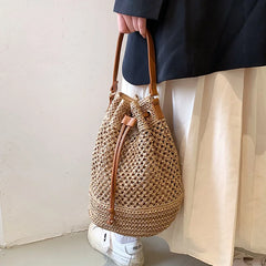 Drawstring Women's Straw Bucket Bag Shoulder Bags Purse Beach Handbag