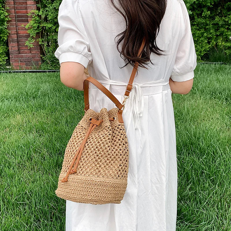 Drawstring Women's Straw Bucket Bag Shoulder Bags Purse Beach Handbag