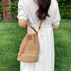 Drawstring Women's Straw Bucket Bag Shoulder Bags Purse Beach Handbag
