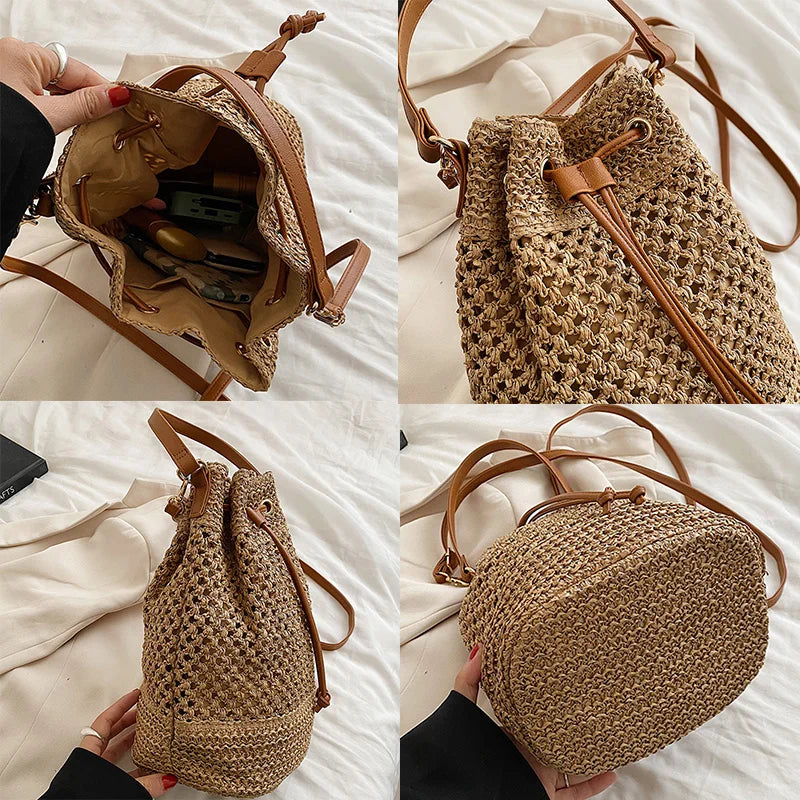 Drawstring Women's Straw Bucket Bag Shoulder Bags Purse Beach Handbag