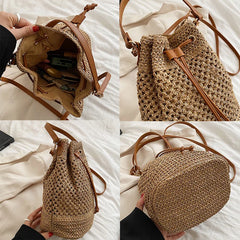 Drawstring Women's Straw Bucket Bag Shoulder Bags Purse Beach Handbag