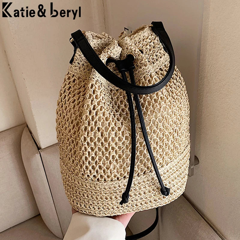 Drawstring Women's Straw Bucket Bag Shoulder Bags Purse Beach Handbag