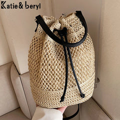 Drawstring Women's Straw Bucket Bag Shoulder Bags Purse Beach Handbag