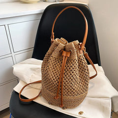 Drawstring Women's Straw Bucket Bag Shoulder Bags Purse Beach Handbag