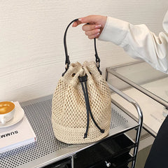 Drawstring Women's Straw Bucket Bag Shoulder Bags Purse Beach Handbag