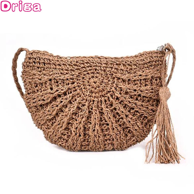 Straw Crossbody Half Moon Beach Bag Woven Rattan Handbag