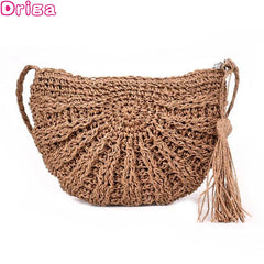 Straw Crossbody Half Moon Beach Bag Woven Rattan Handbag