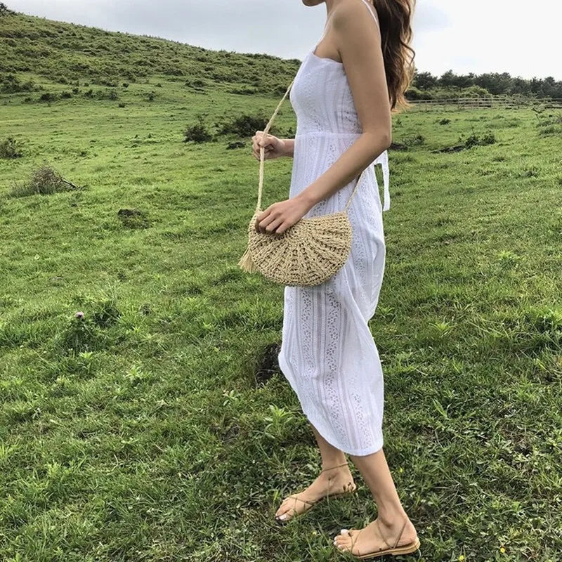 Straw Crossbody Half Moon Beach Bag Woven Rattan Handbag