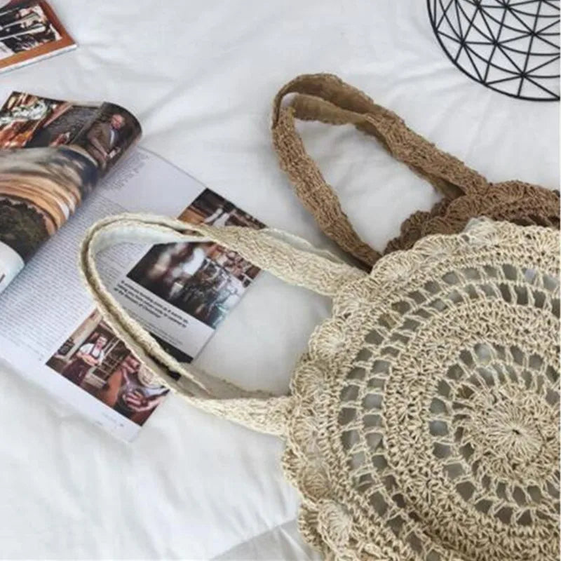 Boho Straw Circle Beach Handbag Rattan Shoulder Bag
