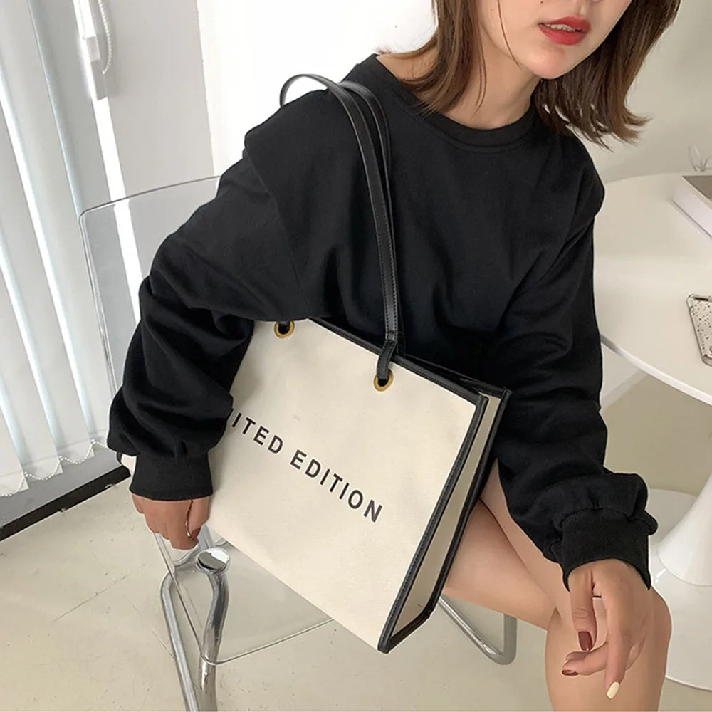 Large Capacity Women Shoulder Bags Handbags Contrast Canvas Tote Bags