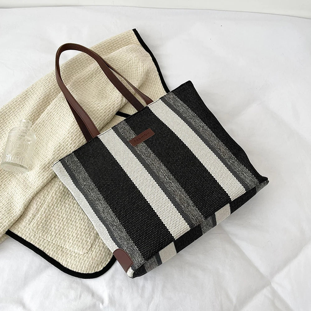 Large-capacity Women Shoulder Bags Vertical Stripes Casual Tote Handbags