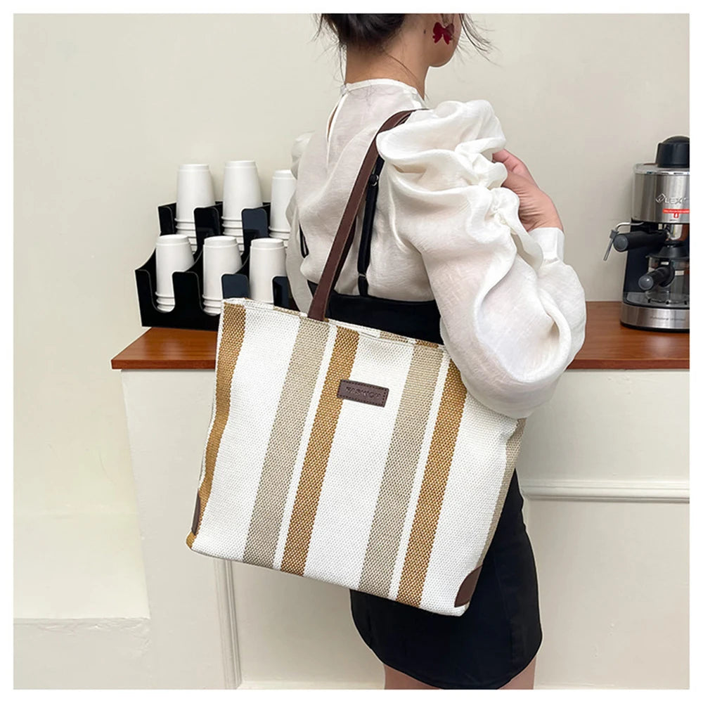 Large-capacity Women Shoulder Bags Vertical Stripes Casual Tote Handbags