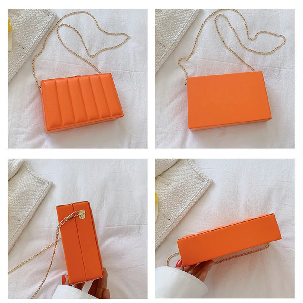 Solid Vertical Strip Box Crossbody Bag Chain