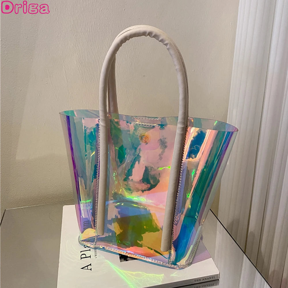 Women Casual Transparent Handbags Large Capacity Tote Bucket Shoulder Bags