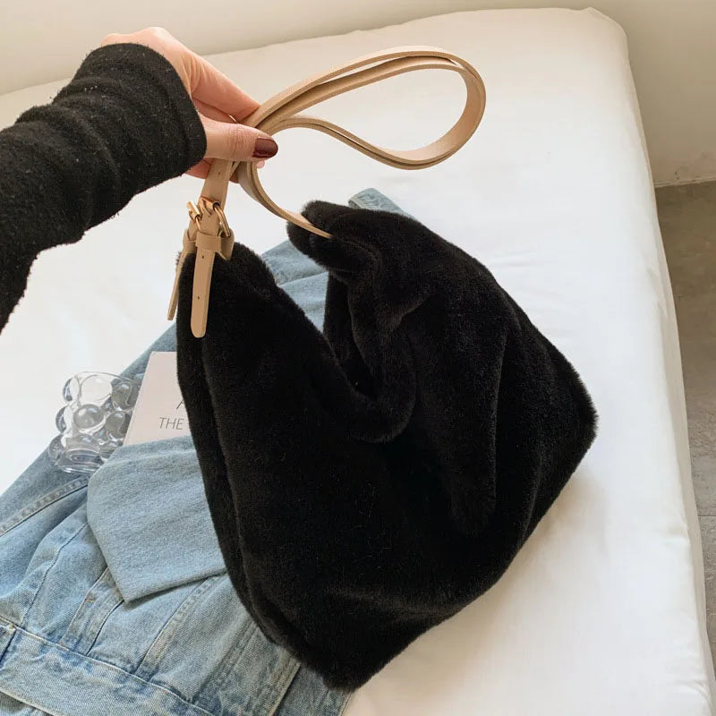 Plush Underarm Shoulder Bag Women Handbag Large Tote Solid Bag
