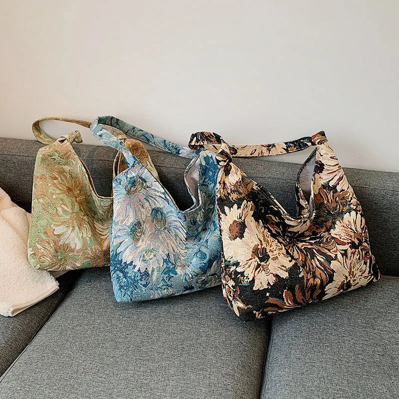 Portable Oil Painting Style Shoulder Bags For Female Canvas Underarm Handbags