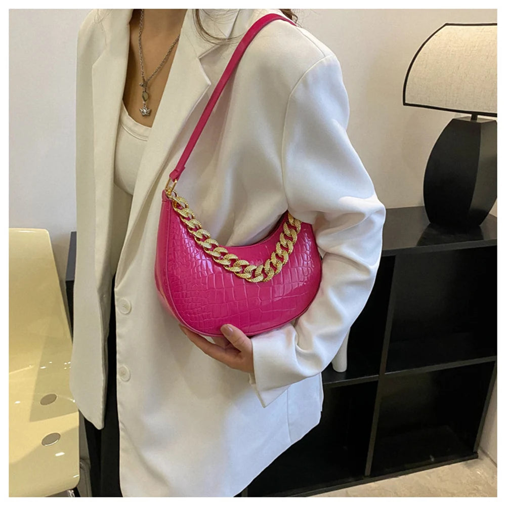 Crocodile Patten Chain Shoulder Bags Solid Pu Leather Hobo Bags