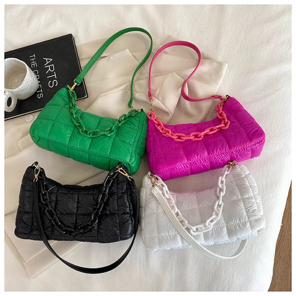 Women Armpit Shoulder Bags High Crossbody Down Bags Chain Plaid Casual Bag