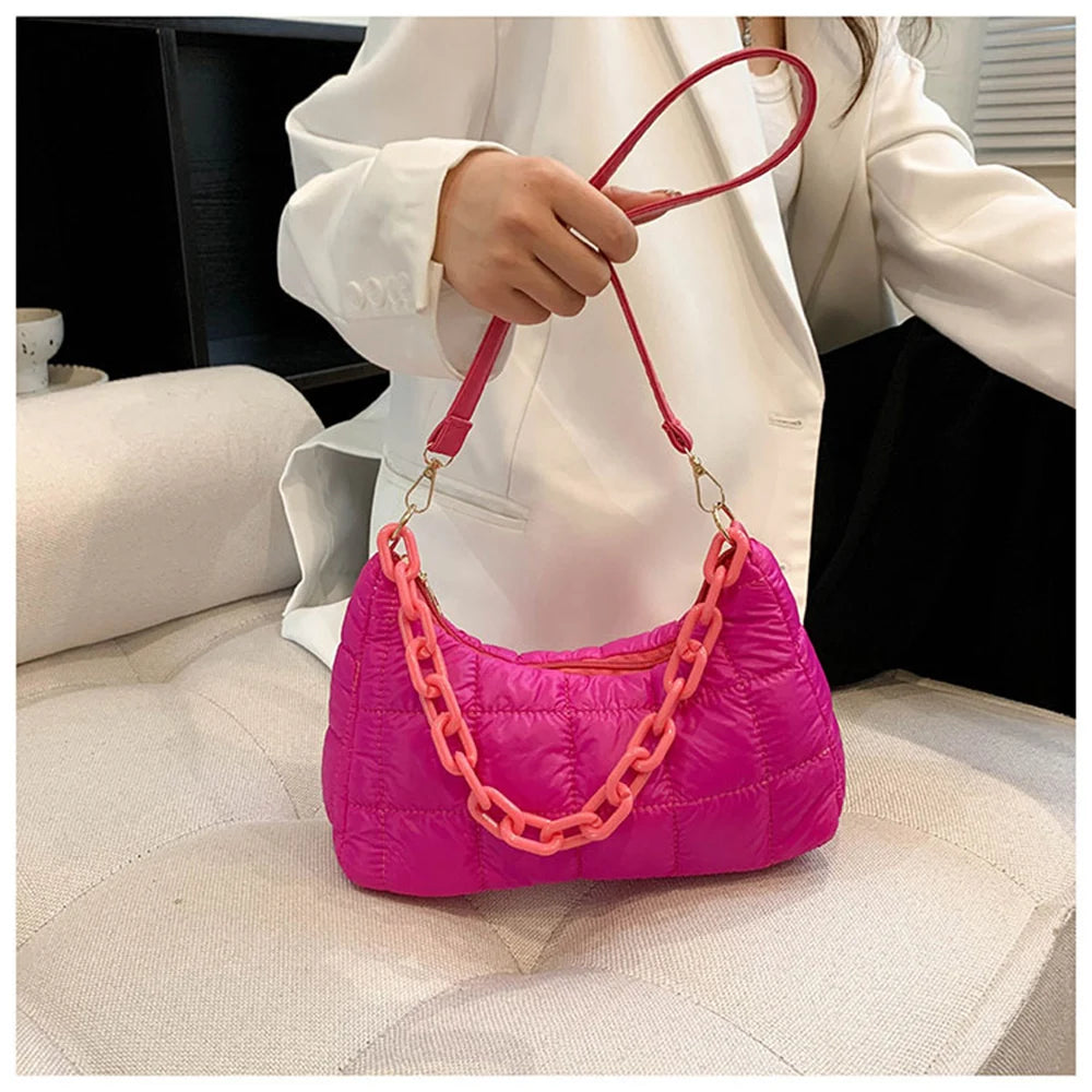 Women Armpit Shoulder Bags High Crossbody Down Bags Chain Plaid Casual Bag