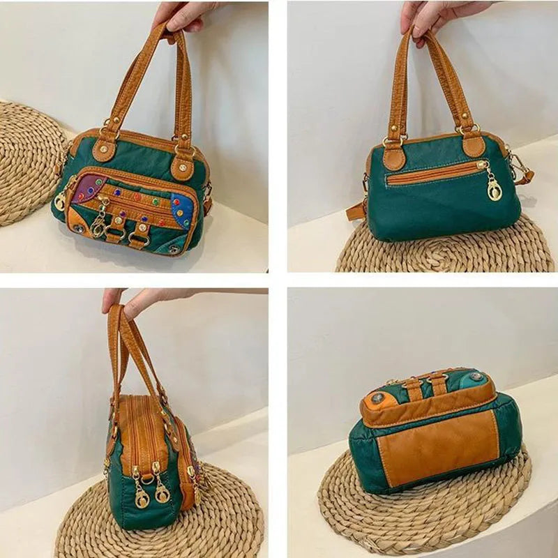 Women Soft Pu Leather Crossbody Bags Contrasting Washed Le