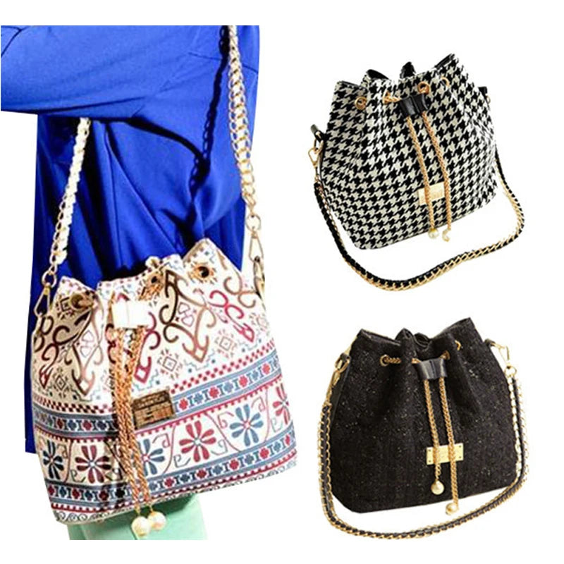 Bohemia Canvas Bucket Bag Chains Shoulder Handbags Vintage Messenger Bag