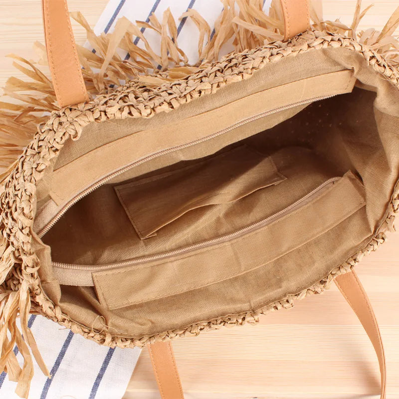 Semicircle Fringed Shoulder Straw Tote Bag Beach Handbag
