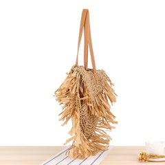 Semicircle Fringed Shoulder Straw Tote Bag Beach Handbag