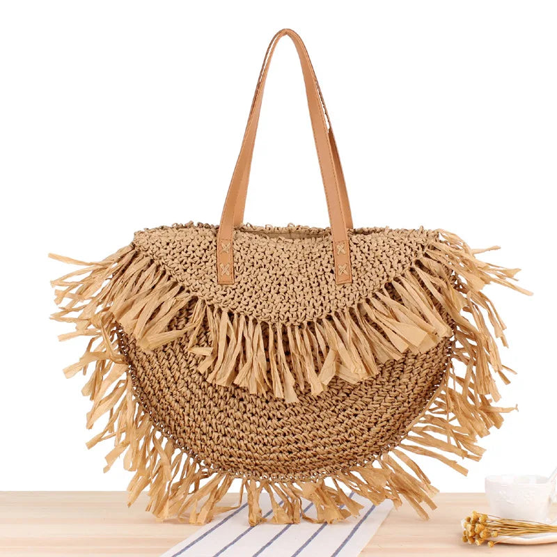 Semicircle Fringed Shoulder Straw Tote Bag Beach Handbag