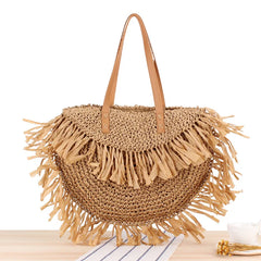 Semicircle Fringed Shoulder Straw Tote Bag Beach Handbag