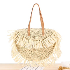 Semicircle Fringed Shoulder Straw Tote Bag Beach Handbag