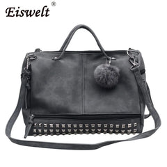 Nubuck Leather Handbags Rivet Women Bags Hair Ball Shoulder Messenger TopHandle