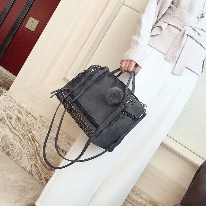 Nubuck Leather Handbags Rivet Women Bags Hair Ball Shoulder Messenger TopHandle