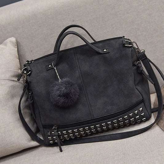 Nubuck Leather Handbags Rivet Women Bags Hair Ball Shoulder Messenger TopHandle