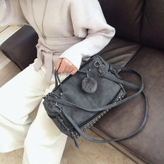 Nubuck Leather Handbags Rivet Women Bags Hair Ball Shoulder Messenger TopHandle