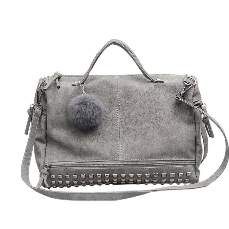 Nubuck Leather Handbags Rivet Women Bags Hair Ball Shoulder Messenger TopHandle