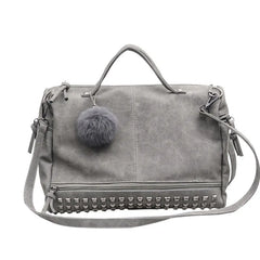 Nubuck Leather Handbags Rivet Women Bags Hair Ball Shoulder Messenger TopHandle