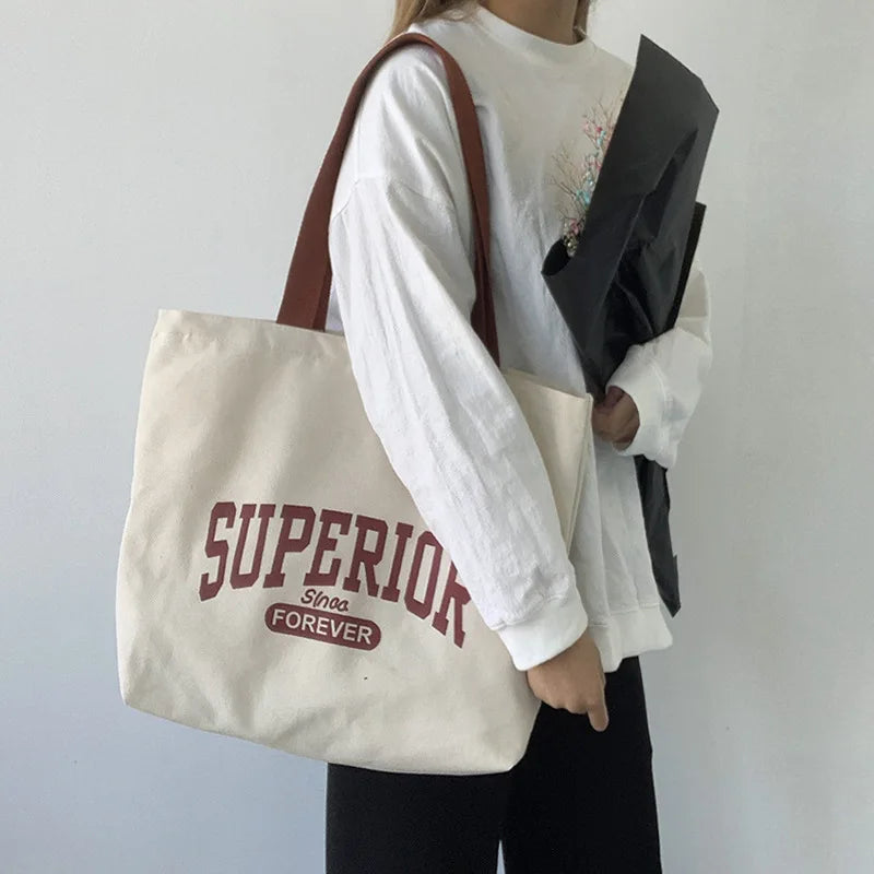 Canvas Women's Shoulder Bag Large Capacity Retro Ins Travel Tote Bag