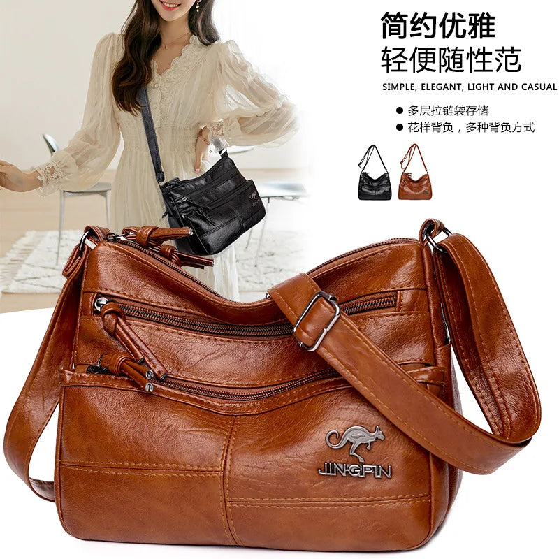Soft Leather Retro Shoulder Bag Crossbody Large Capacity Multi-Pocket