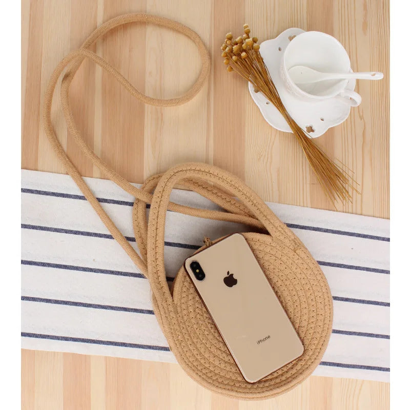 Round Cotton Rope Crossbody Woven Beach Bag