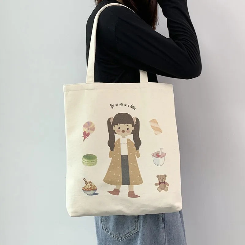 Women's Cartoon Canvas Tote Bag - Large Capacity Shoulder Bag