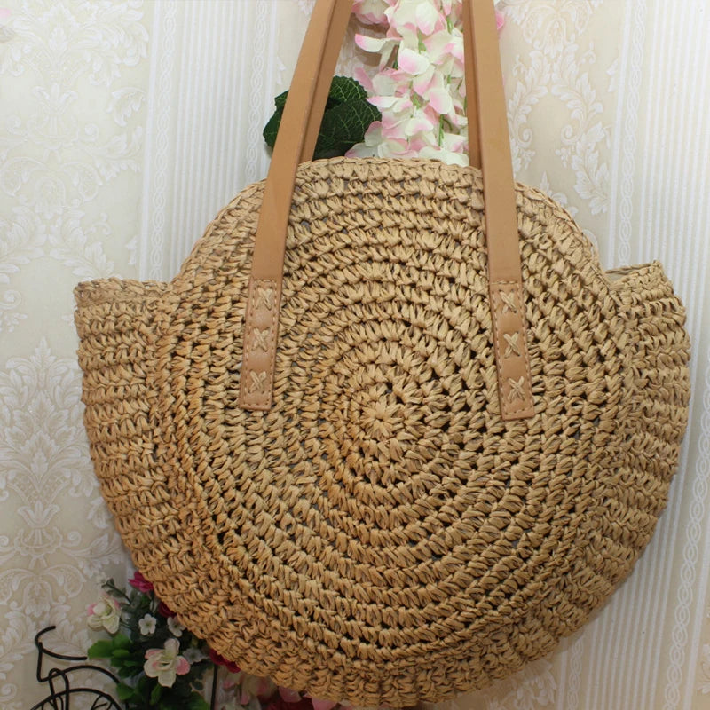 Duzeala Round Straw Beach Bag for Women, Handwoven Tote Bag with Pom Pom Tassel