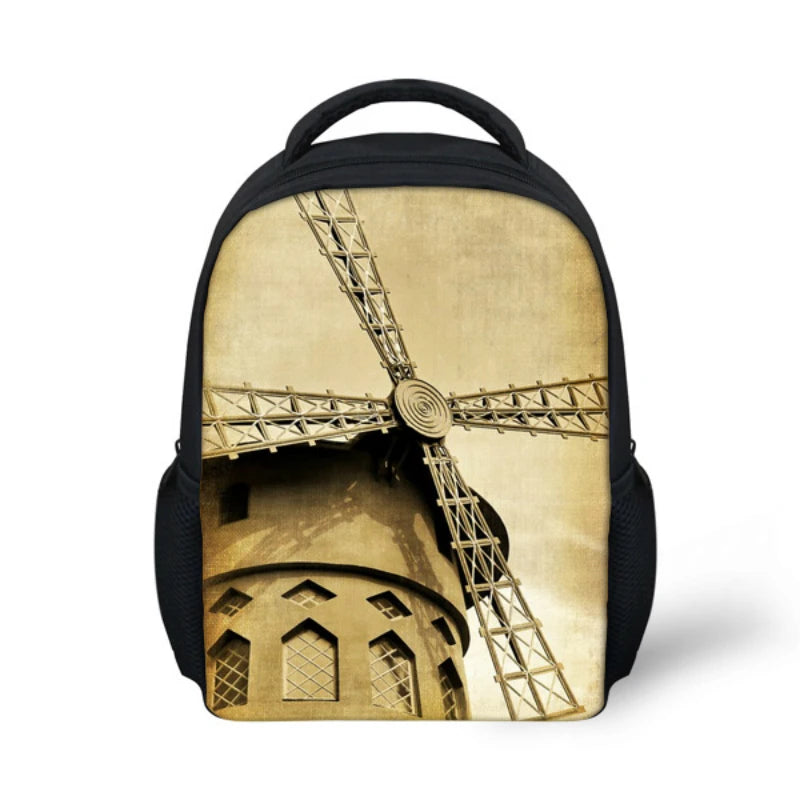 ELVISWORDS Retro Europe Architecture Print Kids School Backpack